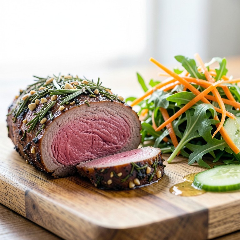 Posta rosada al horno con costra de romero y vegetales