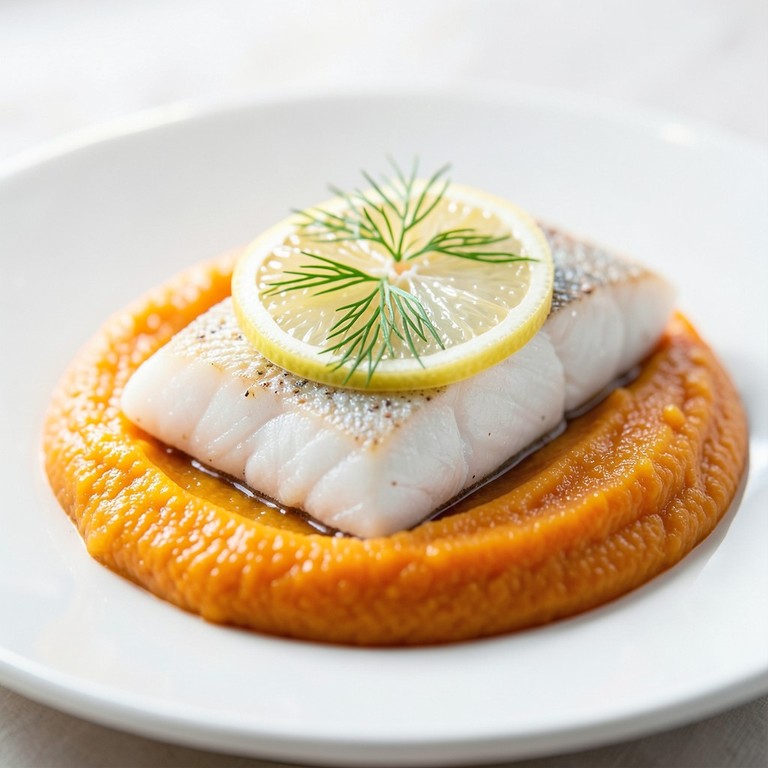 Puré de zapallo aterciopelado con filete de pescado al vapor