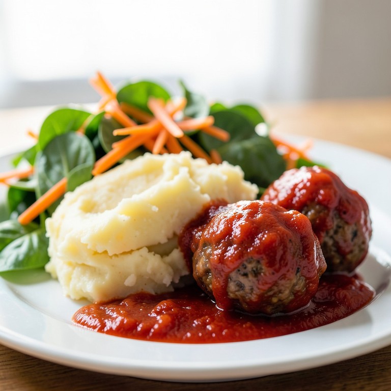 Puré de papas cremoso con albóndigas de res y ensalada fresca
