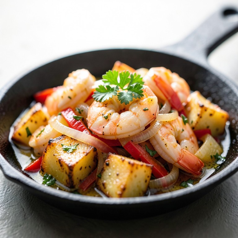 Salteado de camarones y papas a la sartén