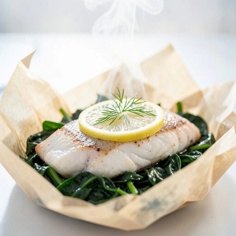 Filet de cabillaud en papillote au citron et tombée d'épinards