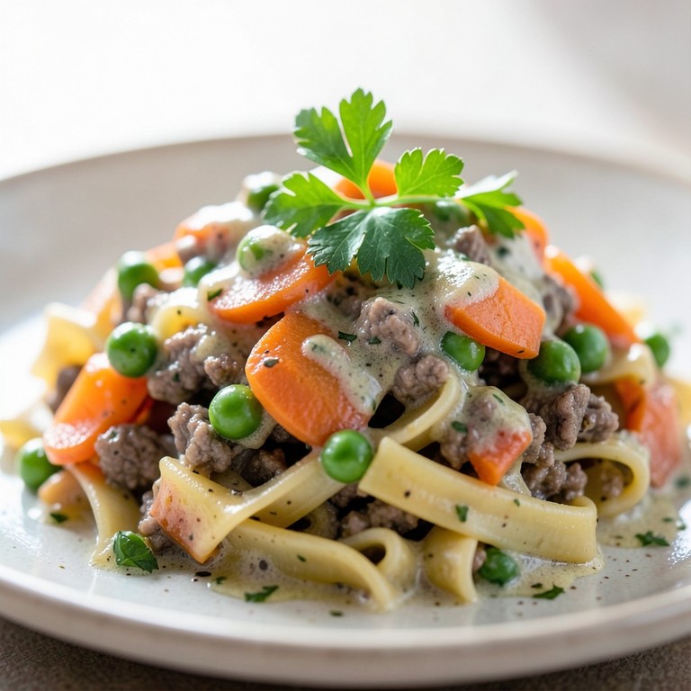 Herzhafte Rinder-Hack-Pfanne mit Erbsen und Möhren