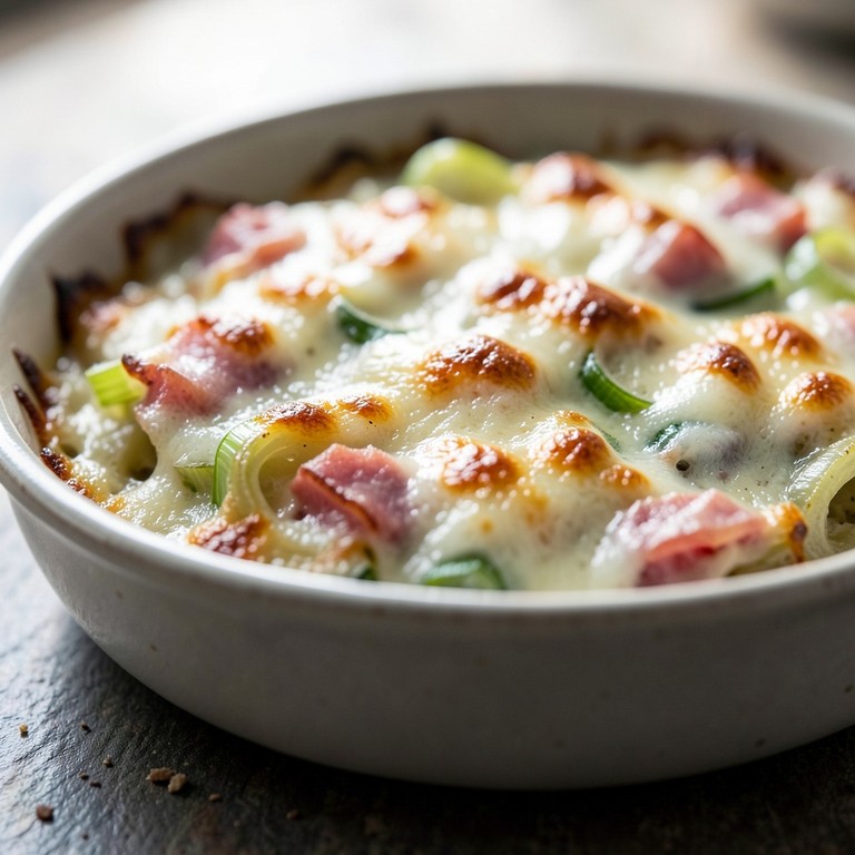 Gratin de poireaux à la béchamel et éclats de jambon
