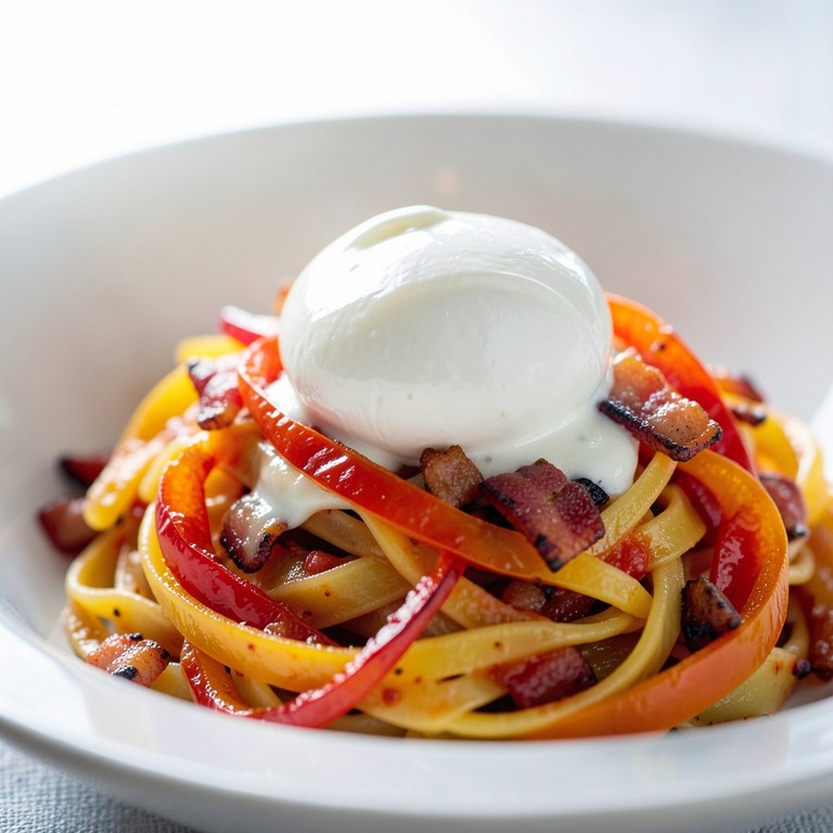 Pasta signature aux poivrons caramélisés et burrata