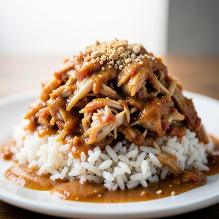 Effiloché de Poulet en Sauce Cacahuète-Tomate