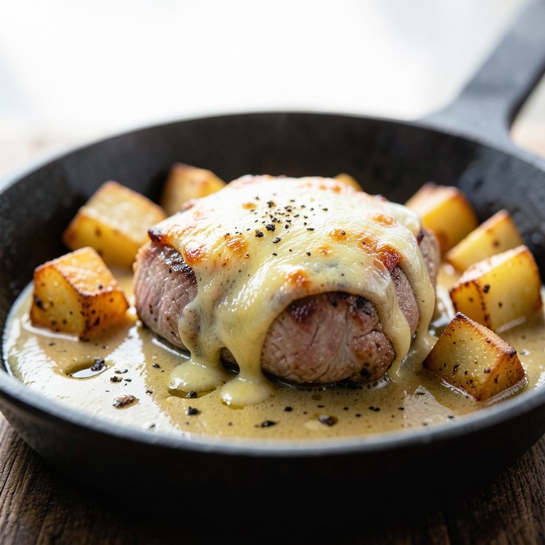Côtes de porc gratinées à la crème de moutarde et pommes fondantes