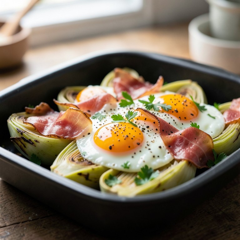 Corazones de alcachofa con jamón ibérico y huevo poché en air fryer
