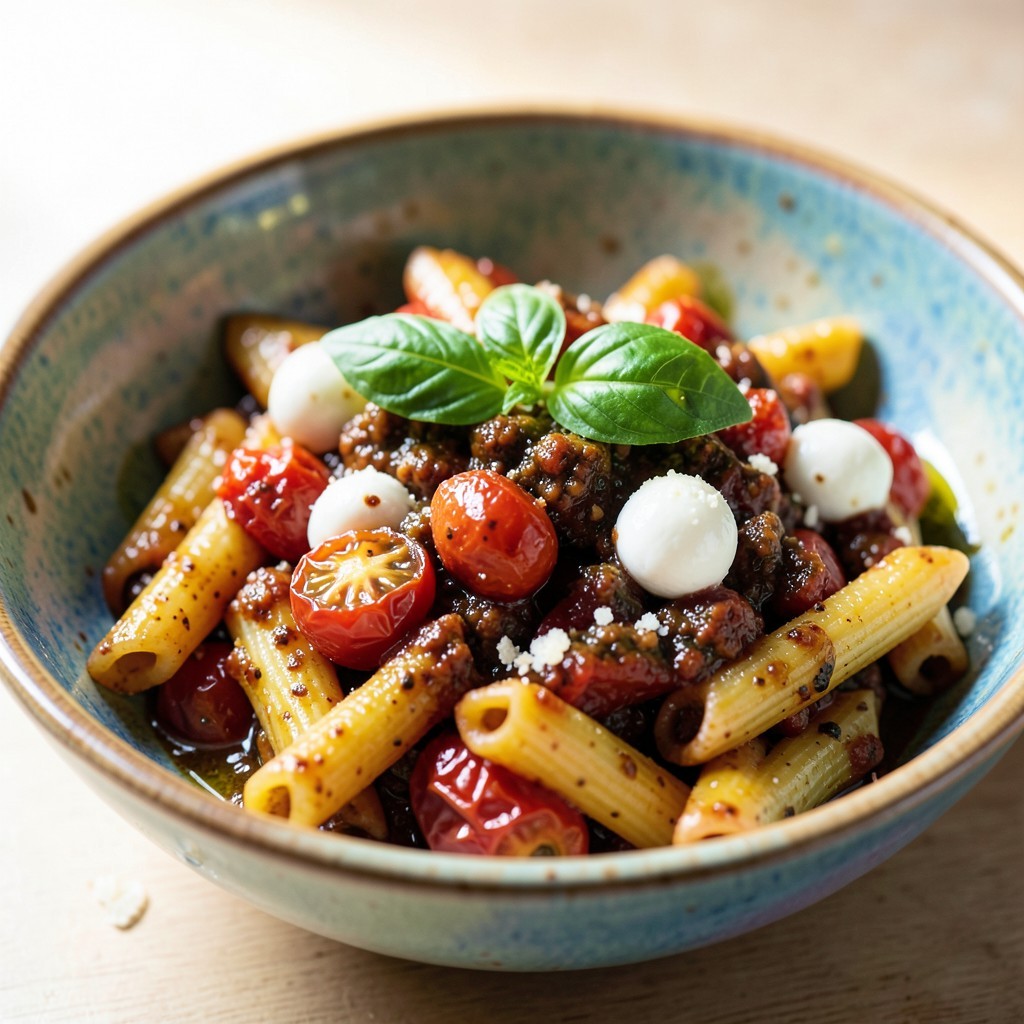 Penne au Pesto Rouge, Tomates Confites et Basilic