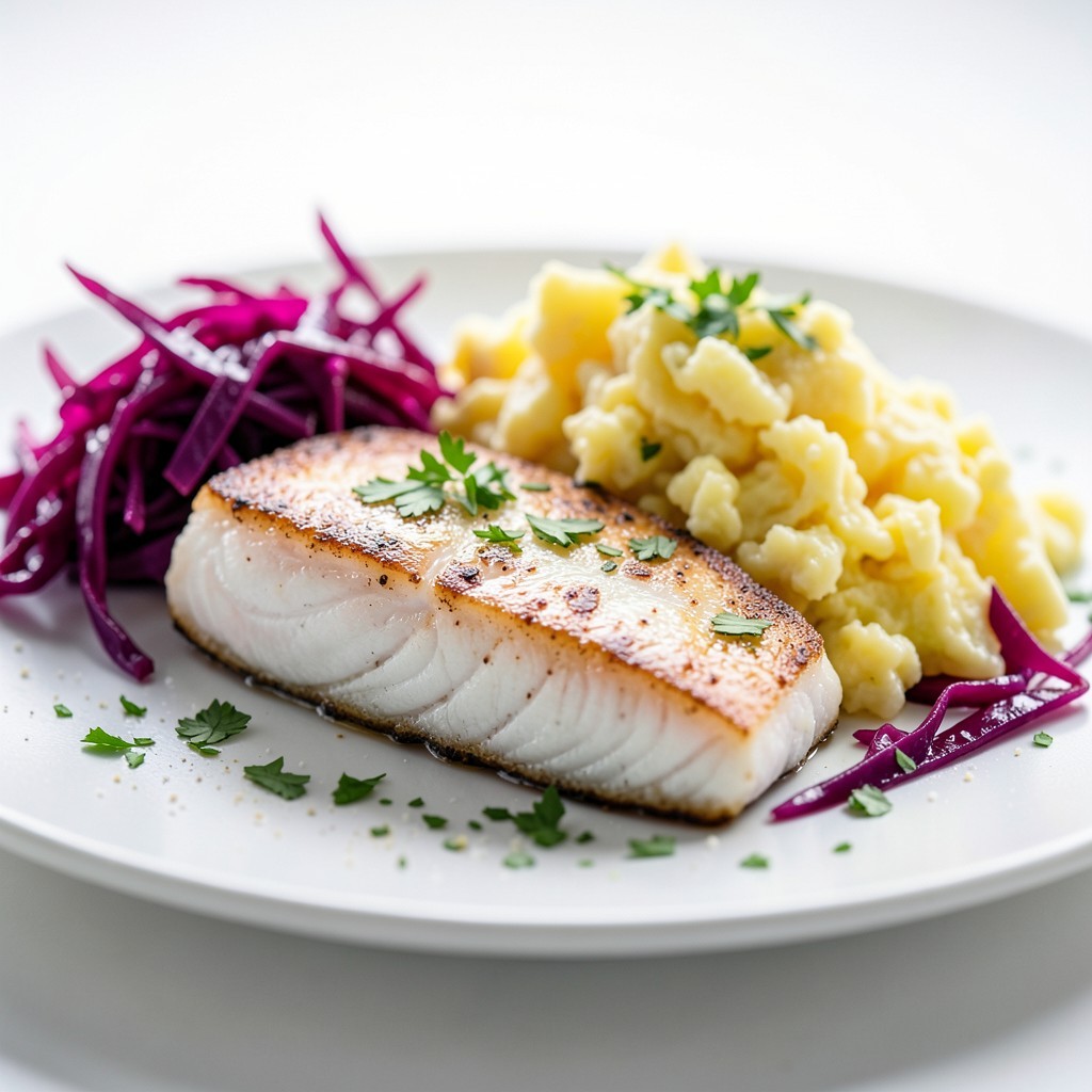 Pannekstekt torsk med eggerøre og lun rødkål