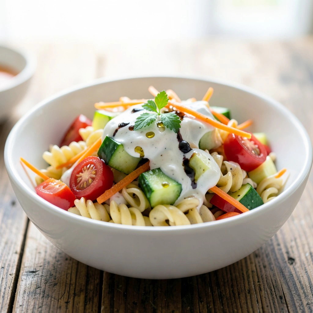 Herzhafter Nudelsalat mit cremigem Frischkäse-Dressing