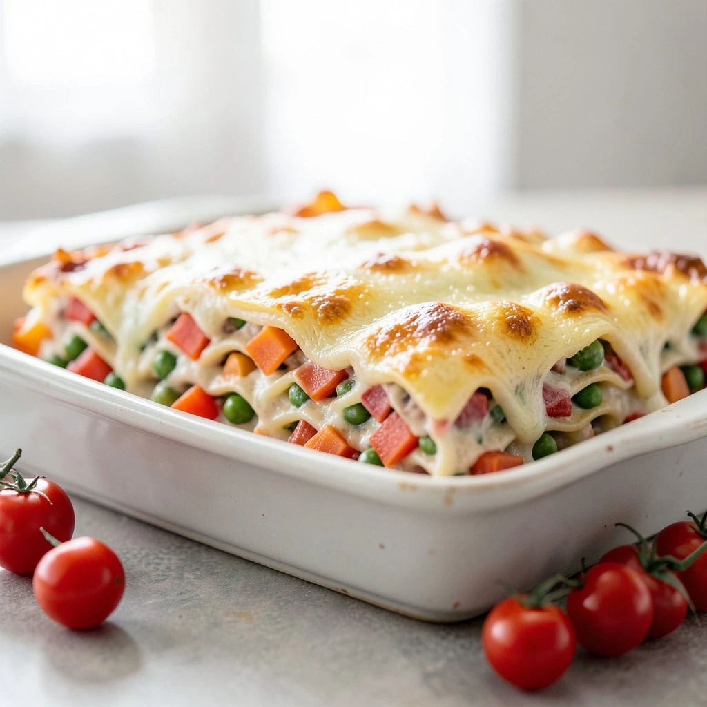 Vegetarische Gemüse-Lasagne mit cremiger Knoblauch-Sahnesoße