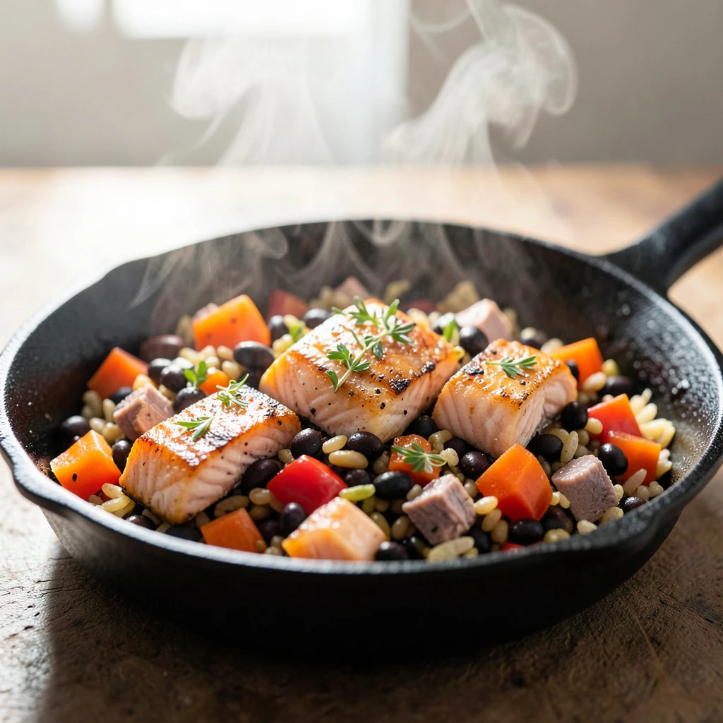 Poêlée méditerranéenne de haricots noirs, légumes et saumon