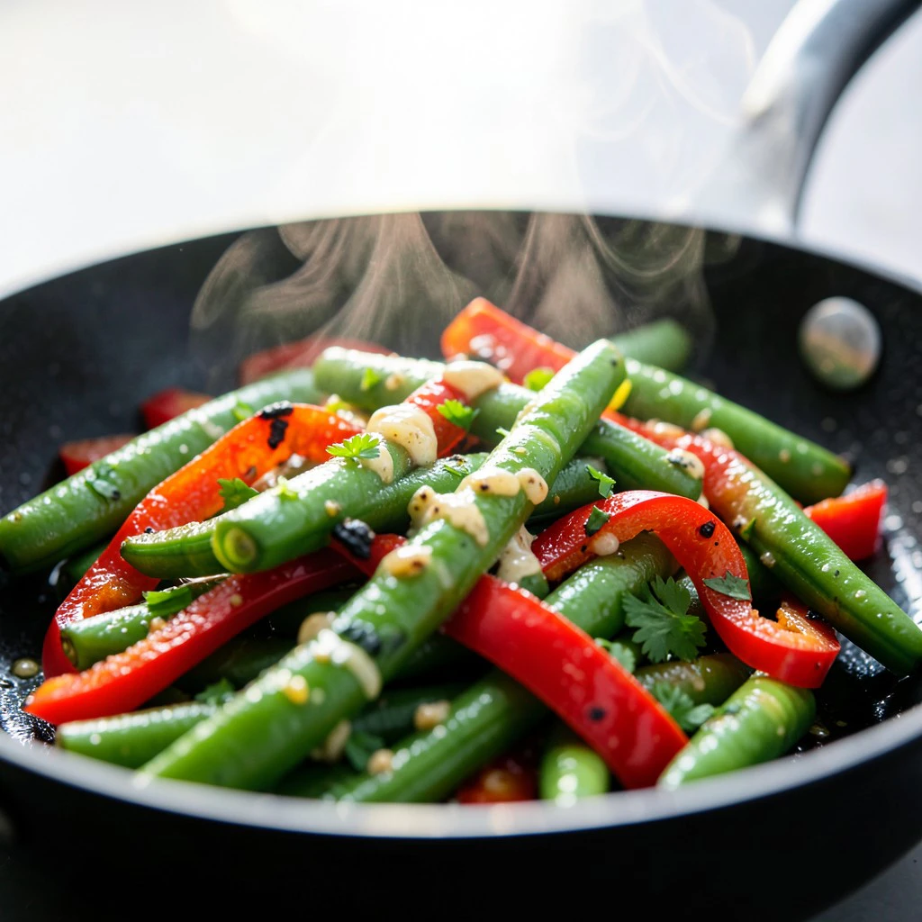 Poêlée de Haricots Verts et Poivrons Rouges à l'Ail