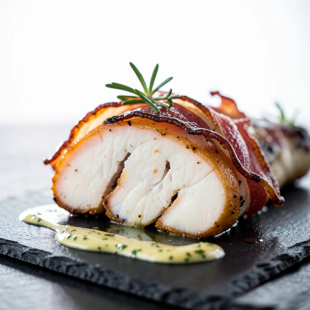 Lotte rôtie bardée au lard fumé et romarin