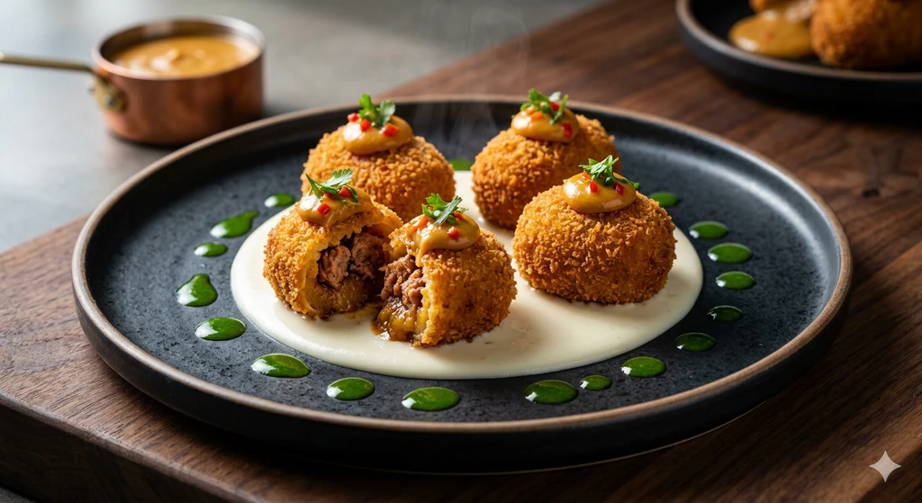 Croquetas de Maduro con Longaniza, Salsa de Queso y Maní