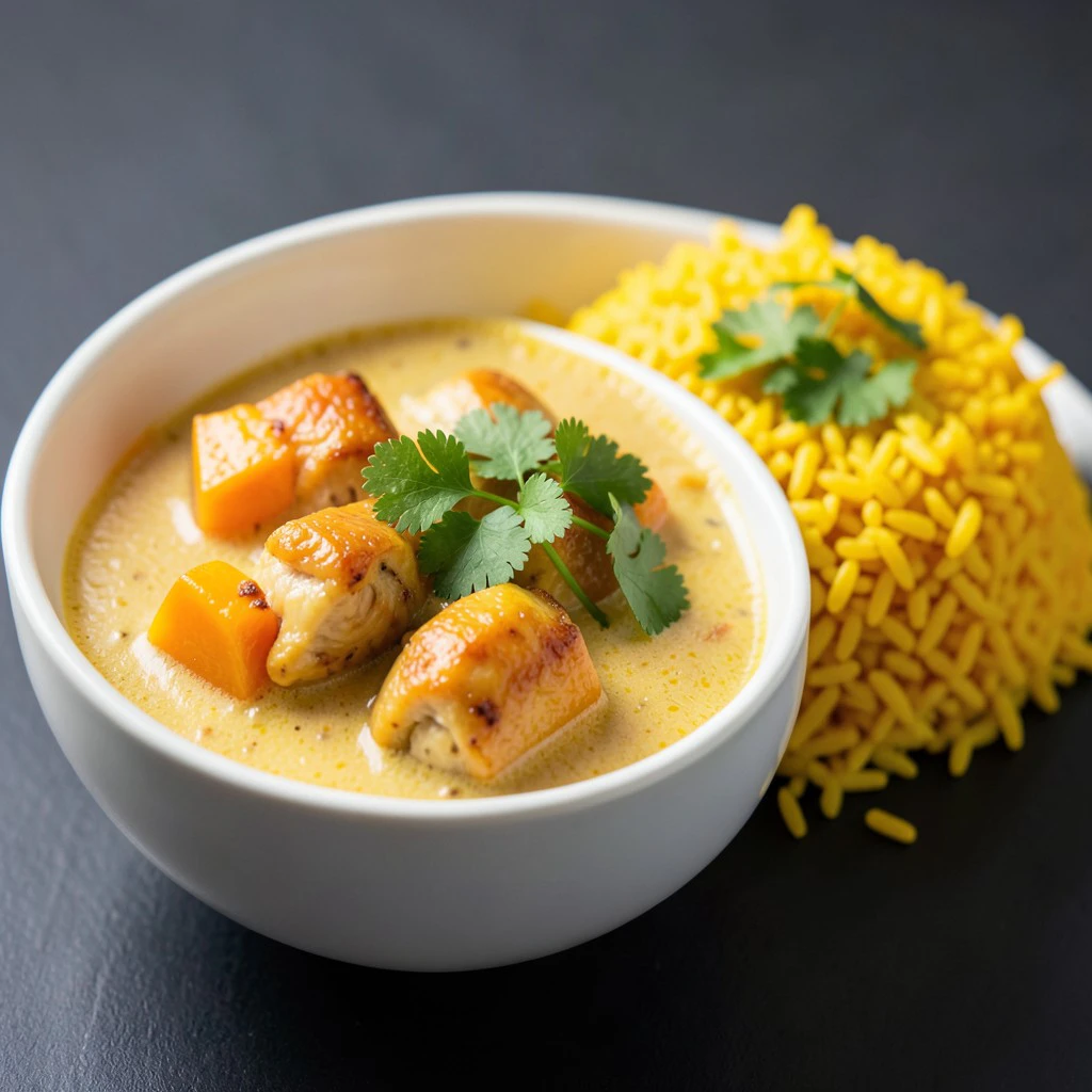 Mango-Hähnchen-Curry mit goldenem Kurkuma-Reis
