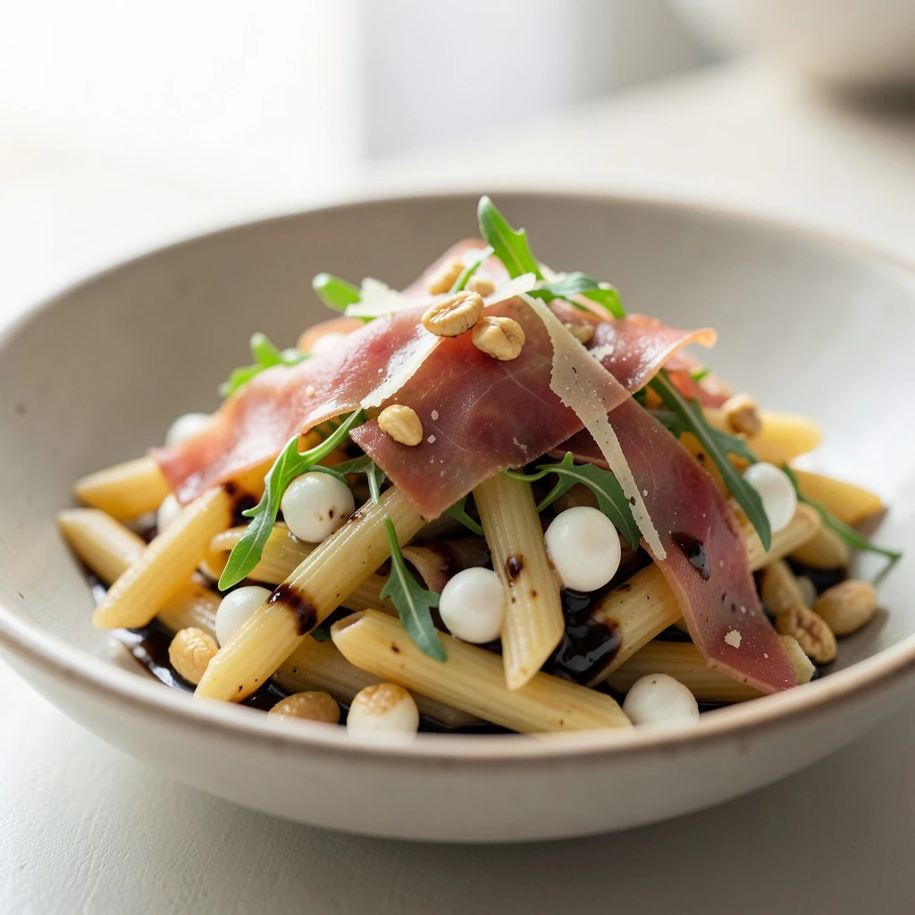 Mediterraner Penne-Salat mit Parmaschinken und Rucola