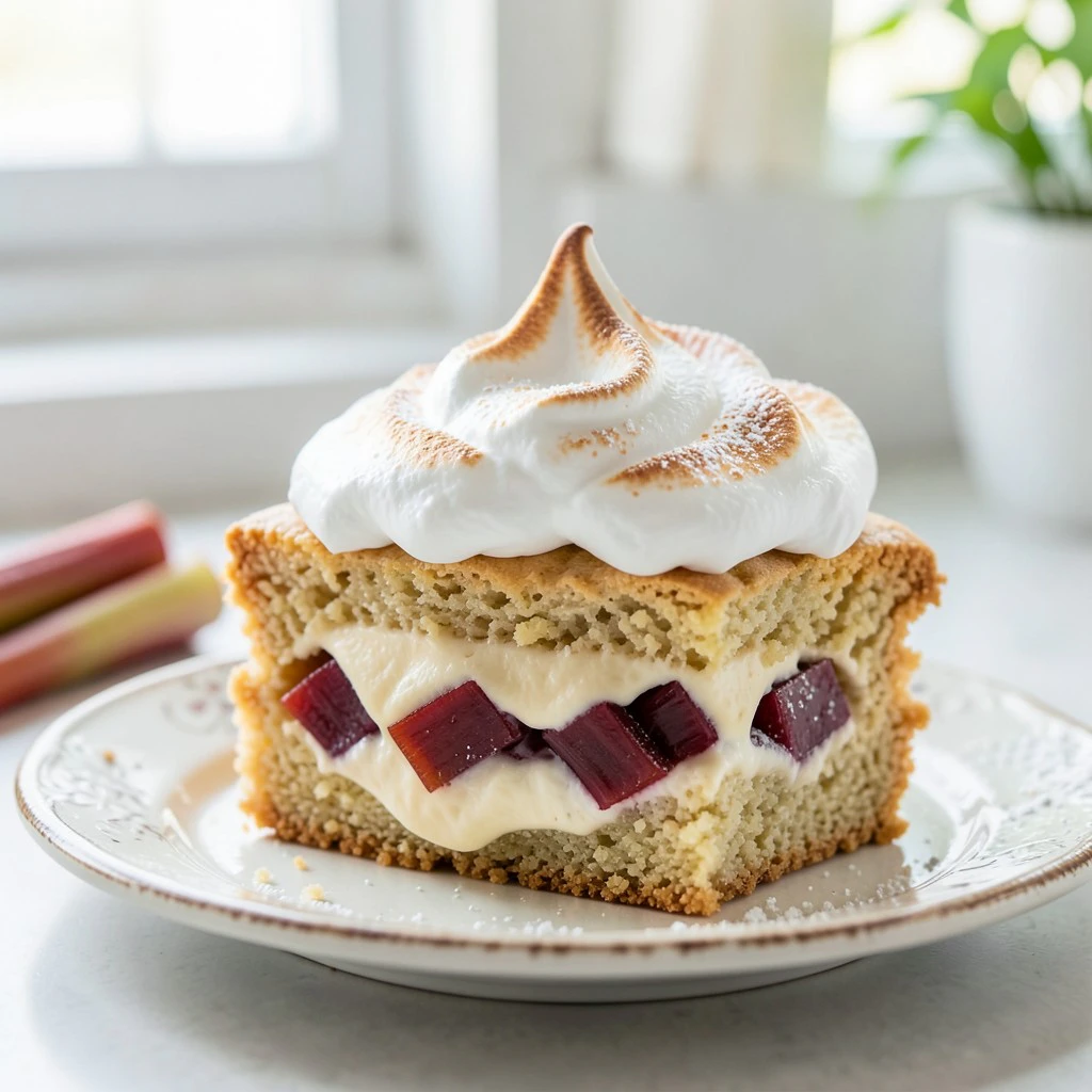 Rhabarber-Pudding-Kuchen mit Baiser
