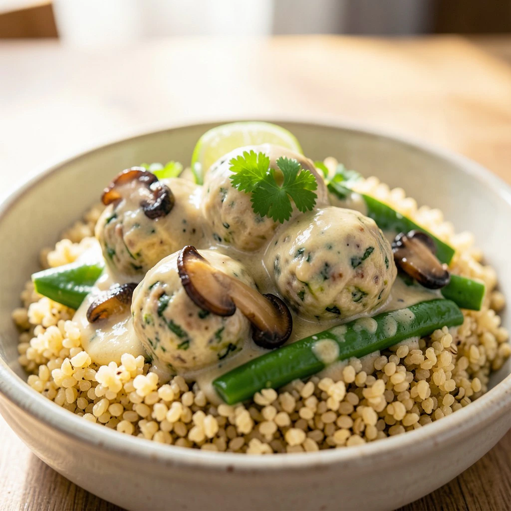 Creamy Coconut Chicken & Zucchini Meatballs with Oyster Mushrooms