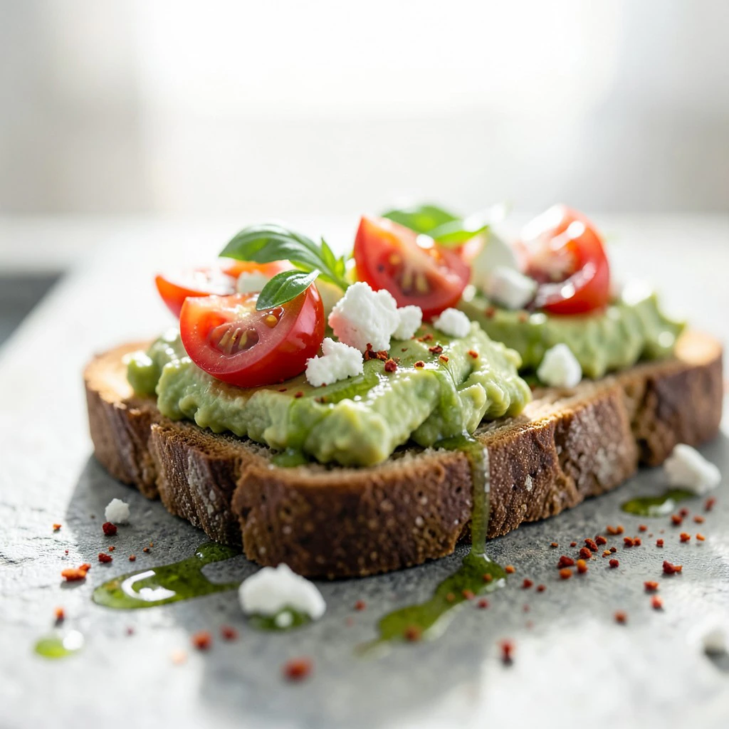 Mediterranes Avocado-Toast mit Feta und Basilikum-Öl
