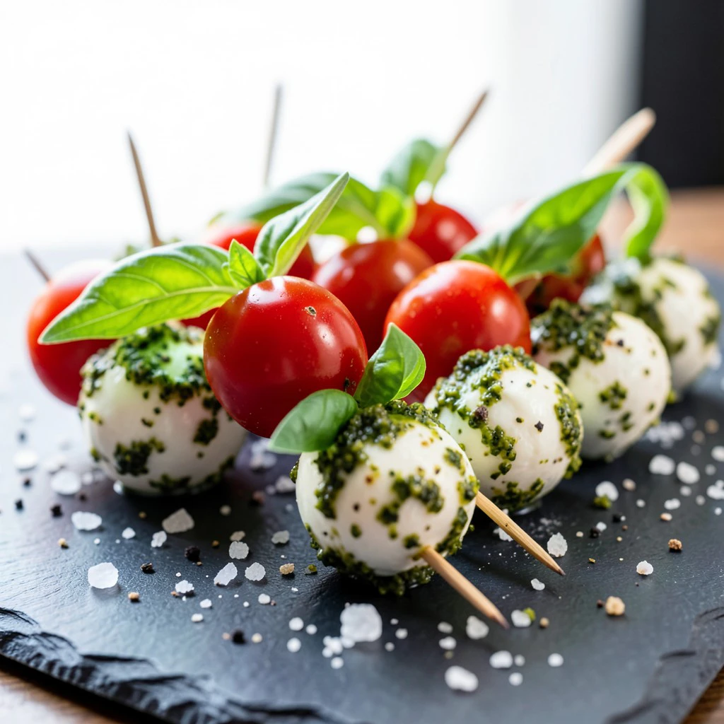 Pesto-Caprese-Sticks mit mariniertem Mozzarella