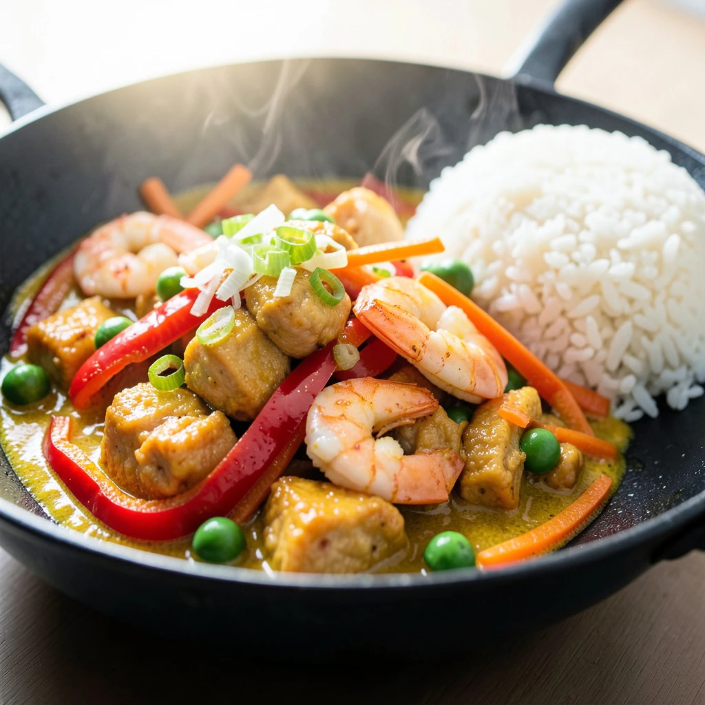 Klassisches Wok-Curry mit Hähnchen und Garnelen
