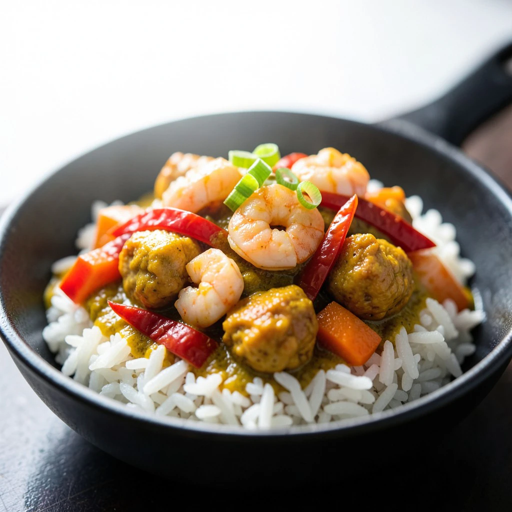 Klassisches Wok-Curry mit Hähnchen und Garnelen
