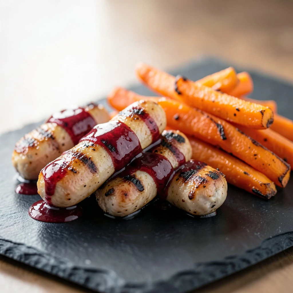 Grillet kylling- og kalkunpølse med ovnsbakte gulrøtter og bærgelé-glaze