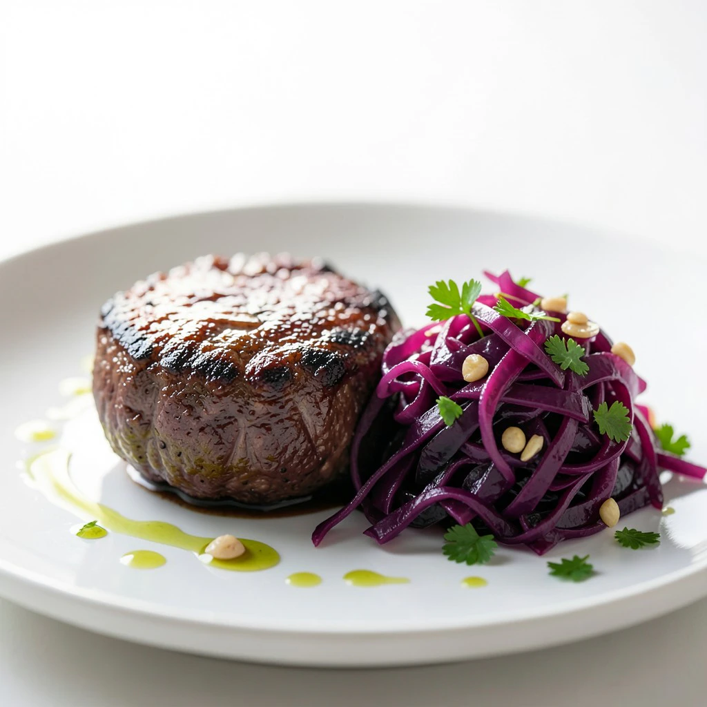 Steak haché poêlé et émincé de chou rouge croquant