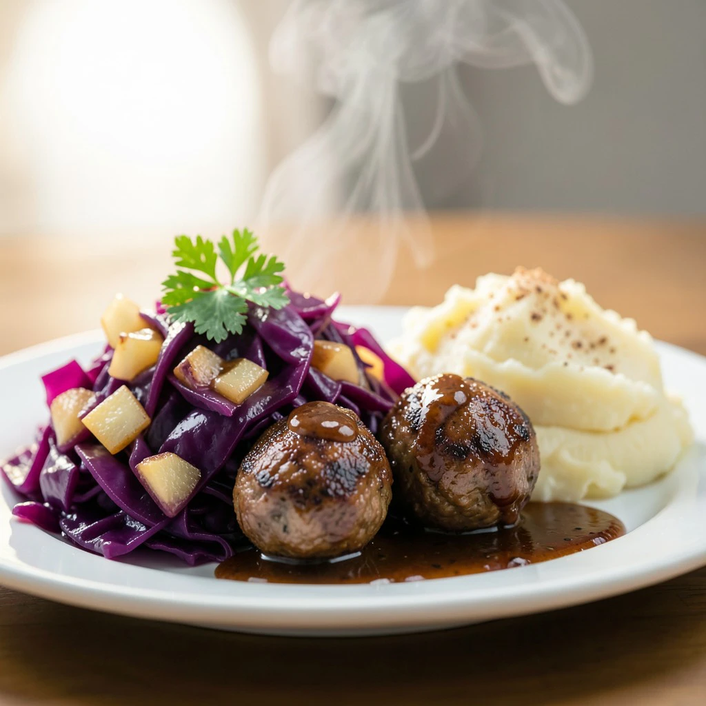 Klassieke Rode Kool met Sappige Gehaktballen en Romige Puree