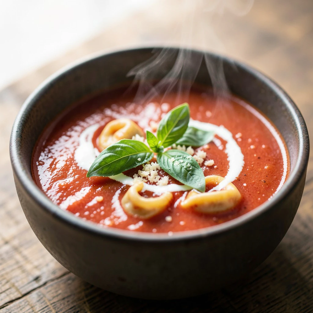 Romige Tomatensoep met Tortellini en Basilicum