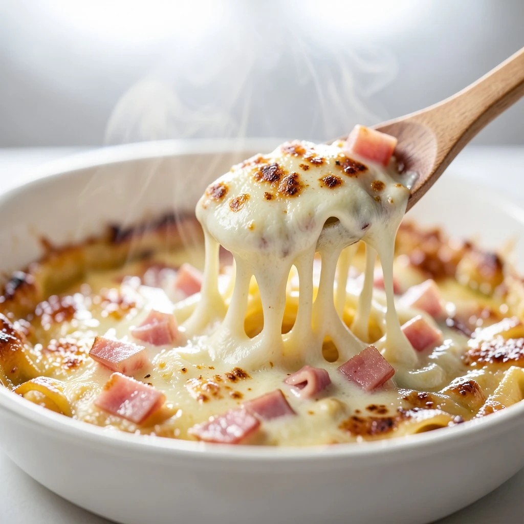 Coquillettes gratinées au jambon et mozzarella