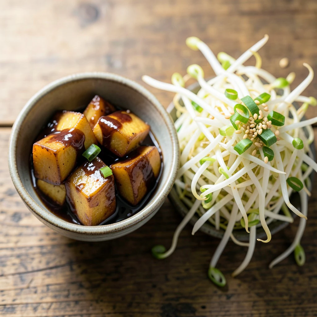 Soy-Braised Potatoes and Sweet Soy Bean Sprouts (Korean Banchan Duo)