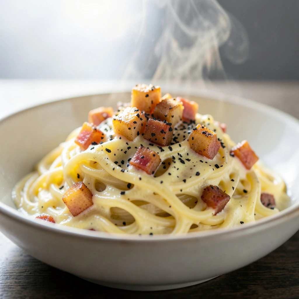 Klassische Spaghetti Carbonara mit knusprigem Pancetta