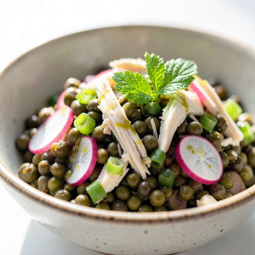 Taboulé de lentilles au poulet, oignons cébettes et radis