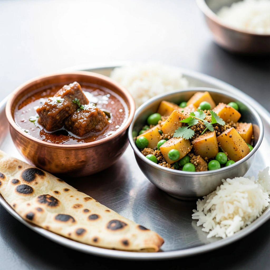 Bhopali Gosht Korma and Aloo Matar Thali