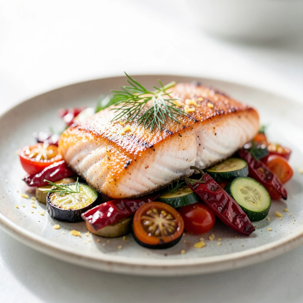 Gebratenes Lachsfilet mit Ofengemüse