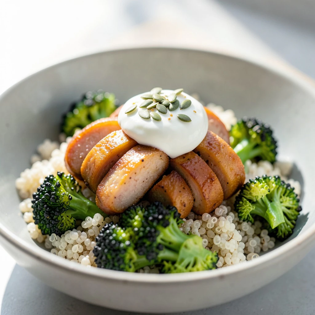 Shirozupølse med ovnsbakt brokkoli og proteinrik quinoa