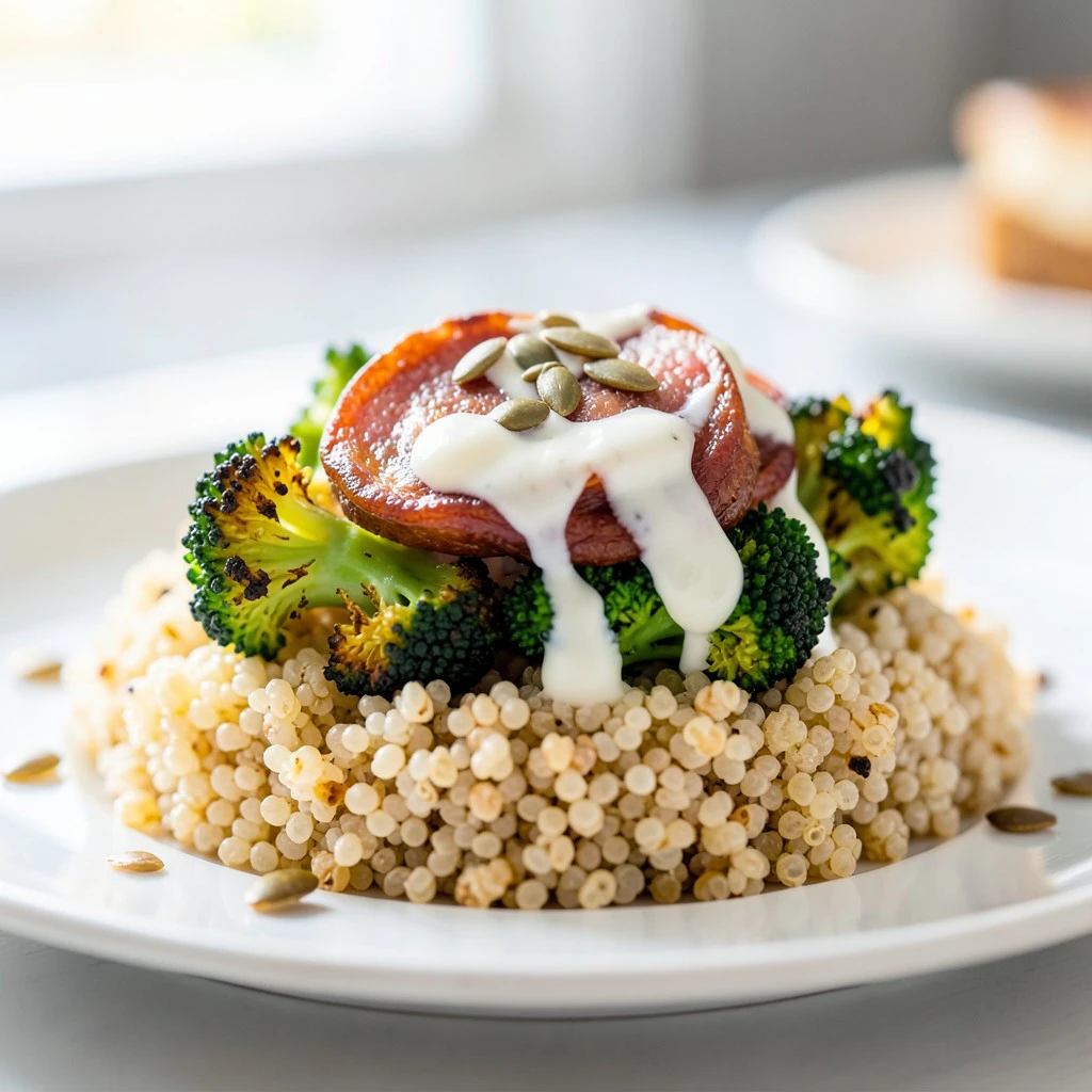 Shirozu spekepølse med ovnsbakt brokkoli og proteinrik quinoa