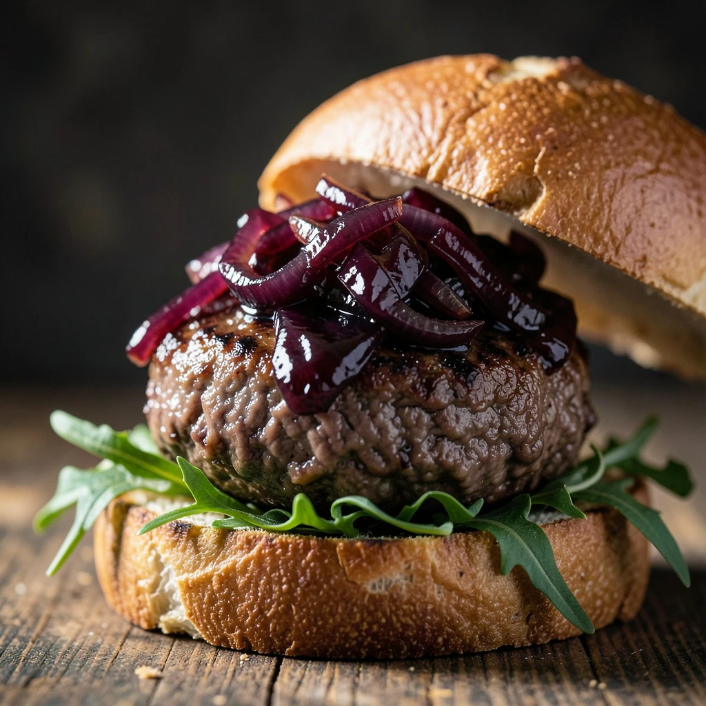 Hamburguesas con cebollas caramelizadas al vino tinto