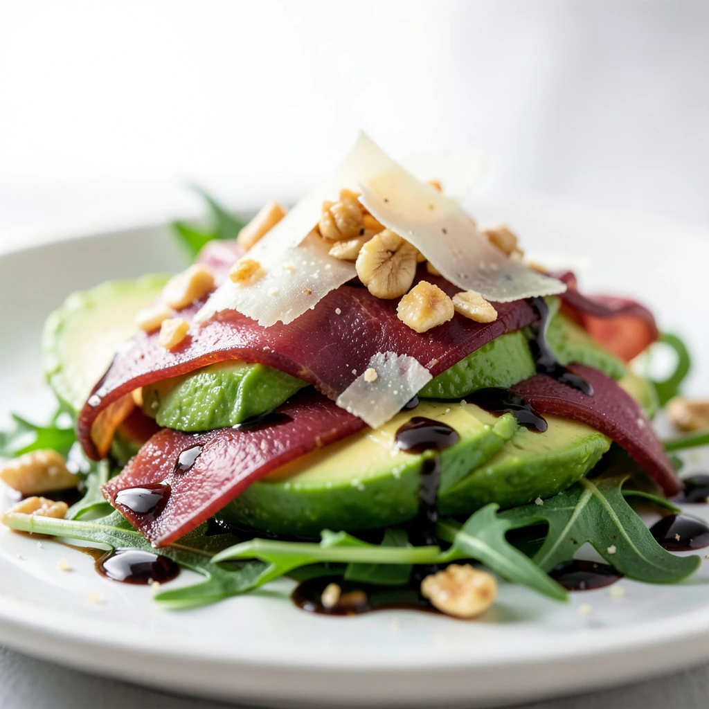 Salade d'avocat, jambon fumé et copeaux de parmesan