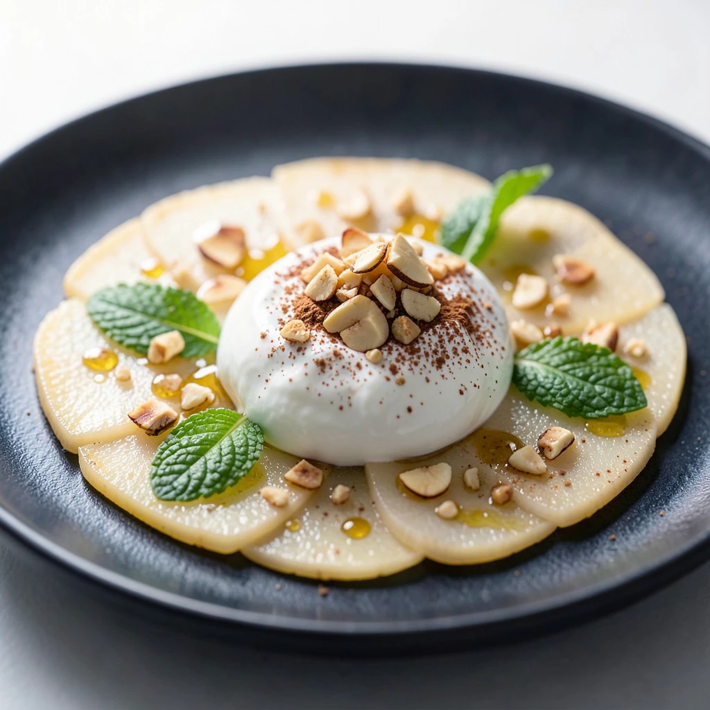 Carpaccio di Pera alle Spezie con Crema Proteica alle Mandorle