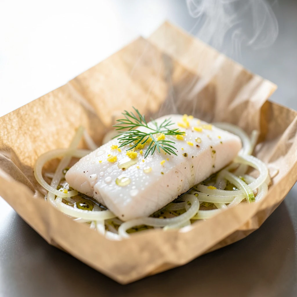 Dos de Lingue Bleue au Fenouil et Vin Blanc en Papillote