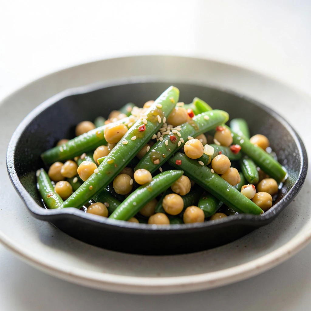 Sauté de haricots verts et pois chiches au gingembre
