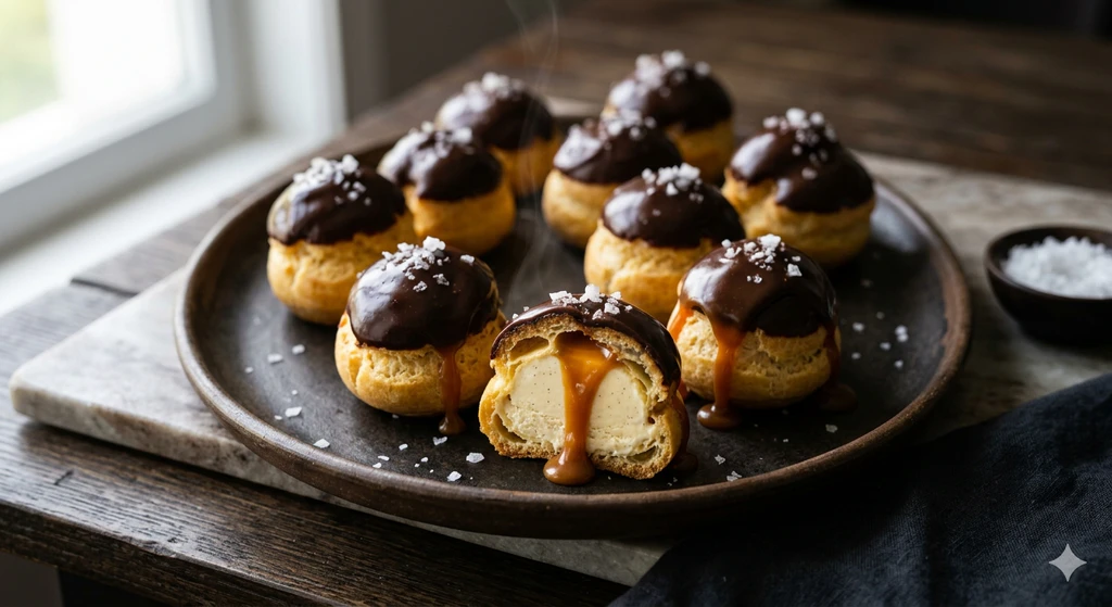 Profiteroles con Helado, Caramelo Salado y Ganache de Chocolate