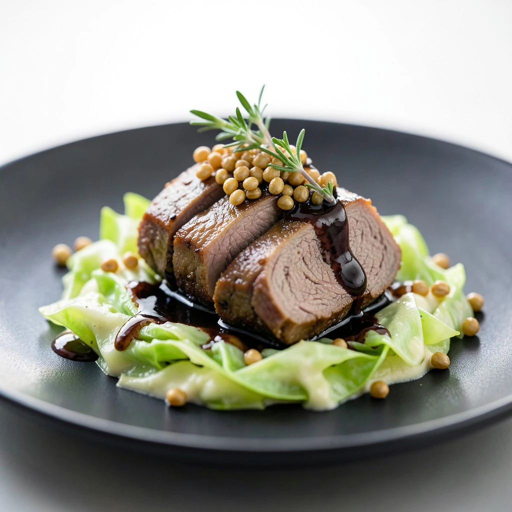 Geschmorte Lammkeule 'Nordic Style' mit Spitzkohl und Gerstencrisp