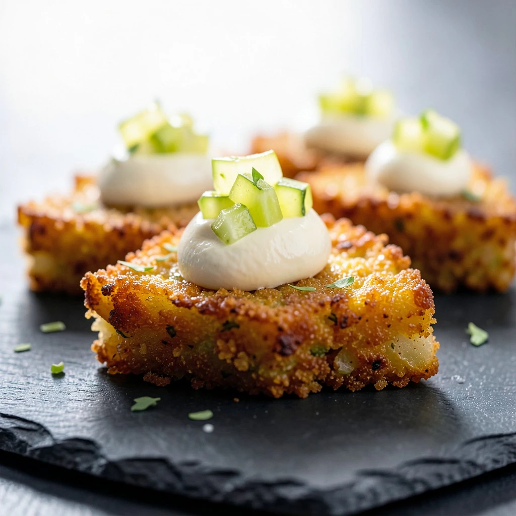 Knusprige Rösti-Ecken mit Alpenkäsecreme und Apfel-Pickles