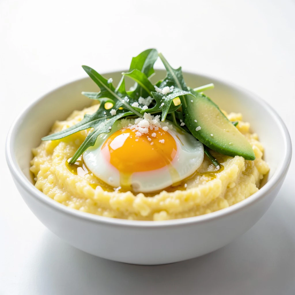 Polenta cremosa con huevo poché, parmesano y rúcula fresca