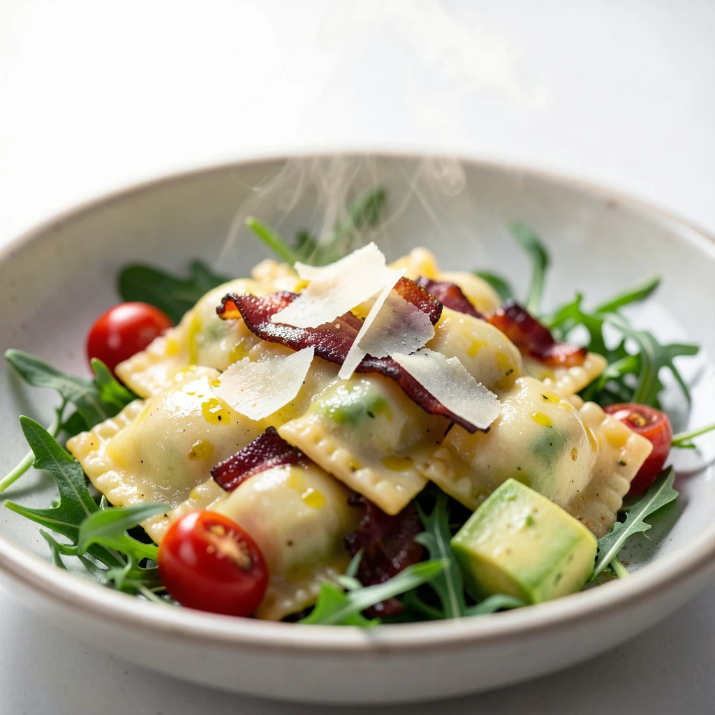 Crispy Bacon and Avocado Ravioli Salad Bowl