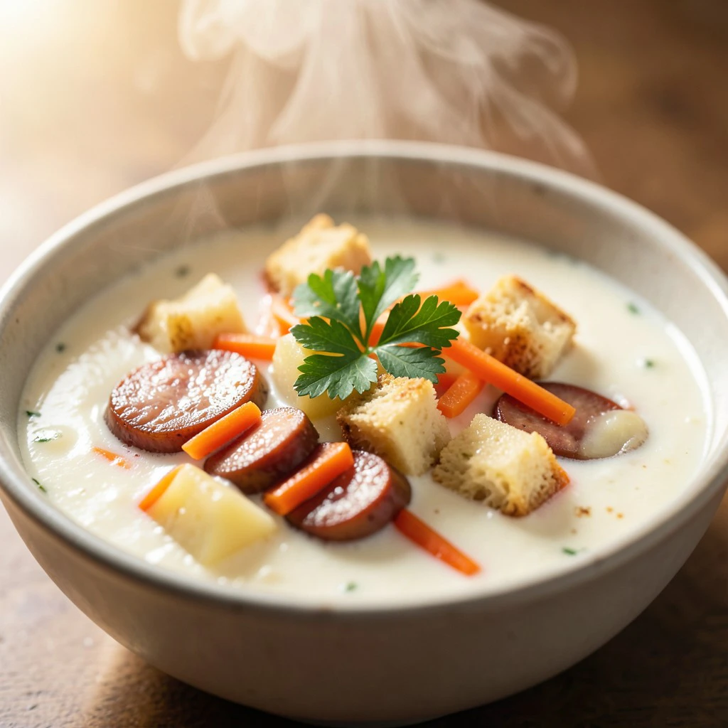 Сливочно-сырный суп с сосисками и овощами